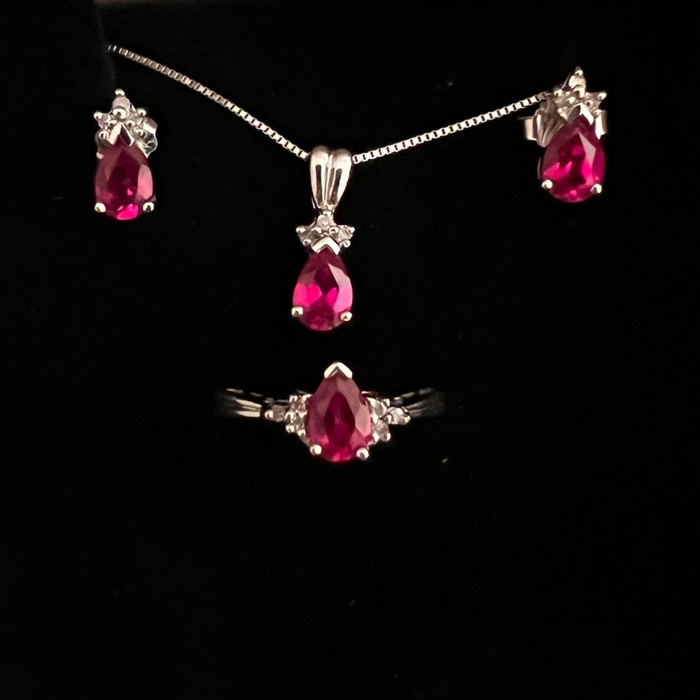 Lab ruby earrings, ring, & necklace w/ side diamonds. Ring= 4.5 Necklace=~ 18 in